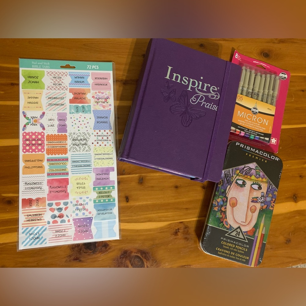 New Inspire coloring bible (new w/out box), coloring pencils, markers and tabs.